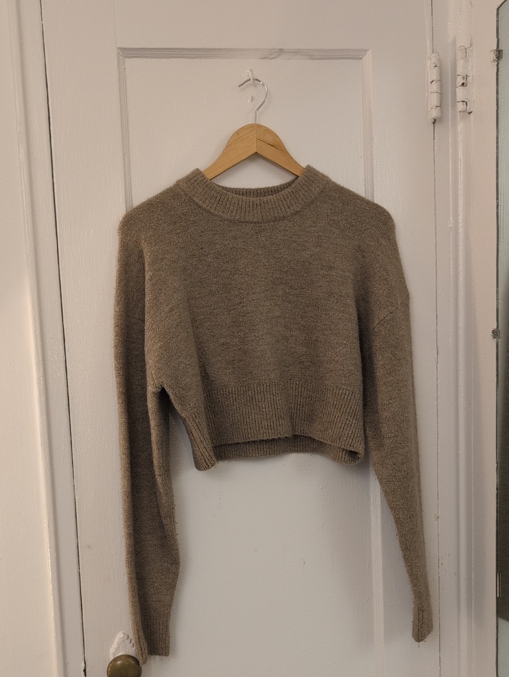 Zara Cropped Crewneck Sweater - Taupe Brown